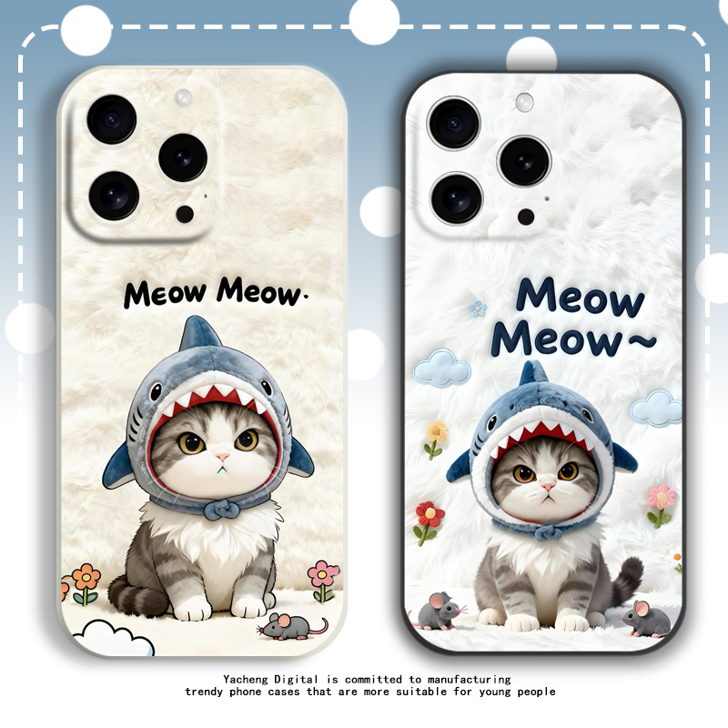 仿毛绒鲨鱼小猫咪手机壳可爱卡通