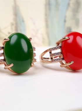 菠菜绿925银可调节鸡血玉戒指