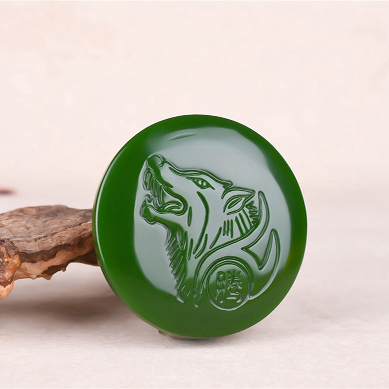 新疆和田玉碧玉狼头皮带扣转运腰带扣菠菜绿狼图腾玉腰佩挂件男款