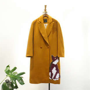 国内单 刺绣丝绒小猫毛绣花毛呢外套 含58.8羊毛中长款呢子大衣