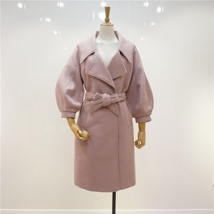 灯笼袖翻领系带中长款毛呢大衣 宽松韩版冬季新品女装外套