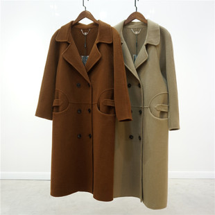 高端女装 100%羊毛纯手工缝制双面呢大衣 过膝中长款收腰羊毛外套