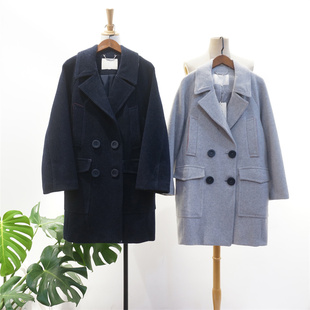 国内单 含48.7%羊毛呢子大衣 学院风宽松拼皮刺绣毛呢外套两色入