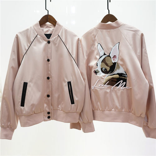 珠光缎面绣花立领棒球服新品