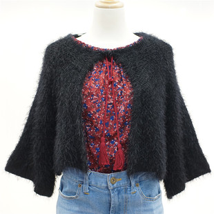 出口英国原单 百搭坎肩超短小外套 七分袖羽毛纱披肩针织毛衣开衫