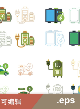 电池和电源插头图标的环保电动汽车绿色能源标志扁平设计图标.eps