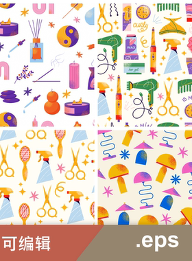 十款灯具理发卡通无缝拼接背景图案.eps