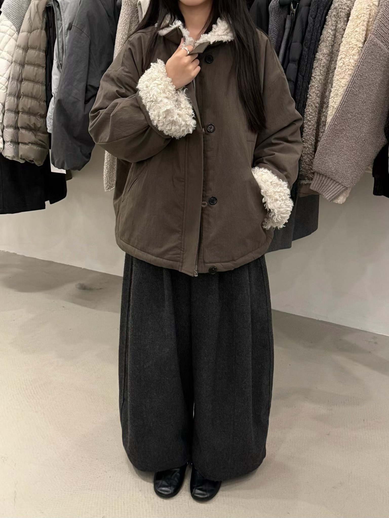 冬上新【lowflat~】韩系简约百搭时尚保暖棉服外套毛毛翻领可爱