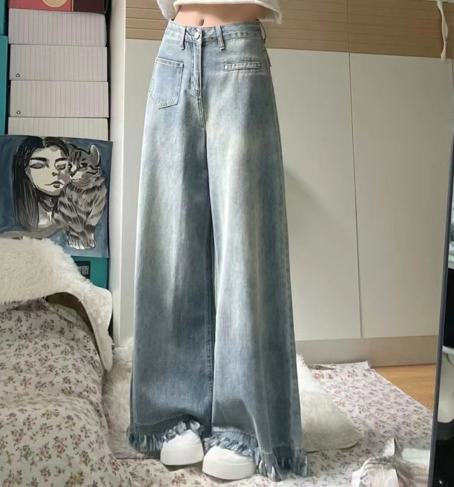 辣妹小个子复古毛边阔腿牛仔裤女