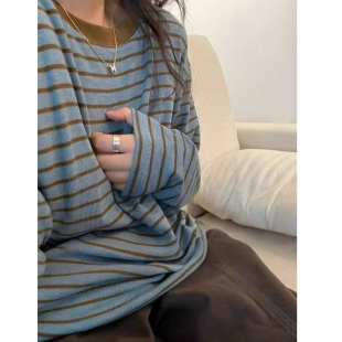 松弛感 哺乳喂奶针织条纹上衣月子服 慵懒韩系外出时尚