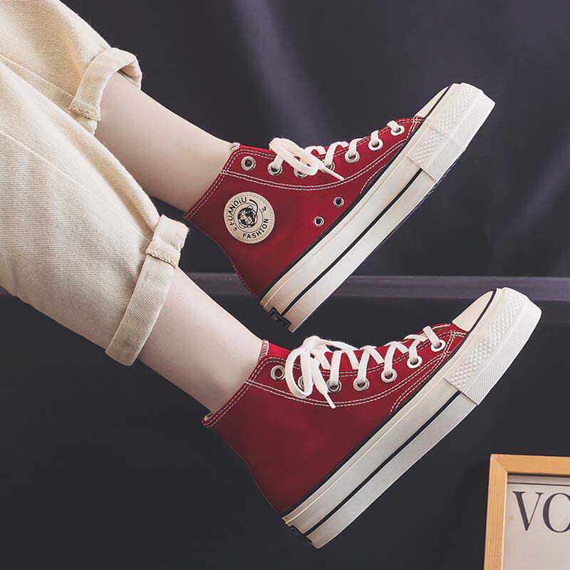 环球高帮帆布鞋女鞋春秋新款增高百搭厚底黑色板鞋红色球鞋运动鞋