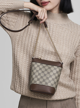 ESUNARTY包包女士2025新款时尚老花水桶小包女高级软皮单肩斜挎包