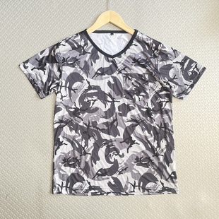 外贸日单V领速干T恤夏季 户外迷彩宽松潮流 男女通用短袖 上衣超薄款