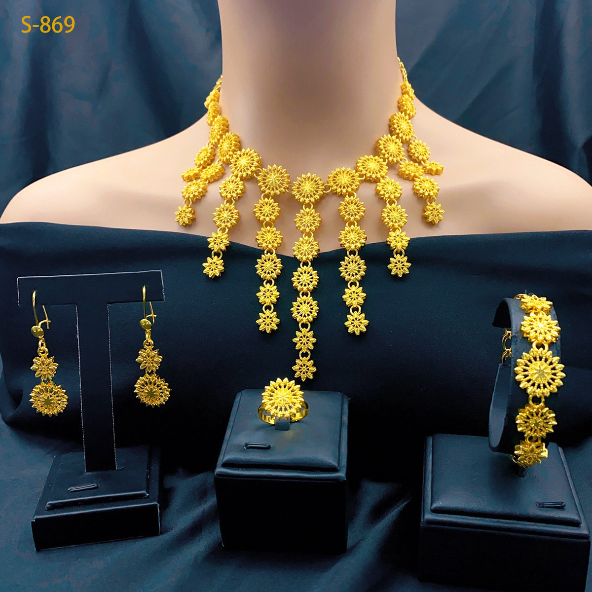 跨境四件套 复古花朵24K镀黄金首饰套装 镀金项链女 婚庆饰品首饰