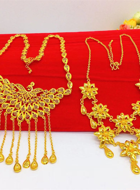 越南沙金女款3D立体孔雀开屏项链吊坠配套链雕花朵黄铜镀金首饰品