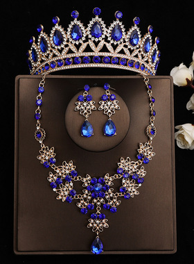 结婚宝石皇冠头饰项链耳环新娘三件套婚纱冠大气头冠配饰仙感摄影