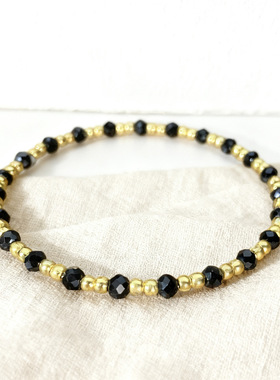 跨境爆款手链切面玻璃黑色琉璃水晶手串金色隔珠串珠百搭手饰细款