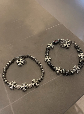 碎银十字花拼接手链男感手串情侣款配饰复古百搭小众嘻哈饰品