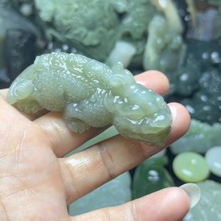 和田玉湖水绿碧眼金睛兽手把
