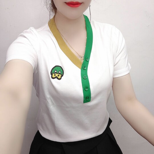 V领短袖条纹t恤女修身显瘦20T恤