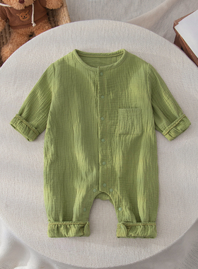 婴儿纱布长袖衣服宝宝纯棉睡衣新生儿棉纱连体衣绿色夏季薄款夏装