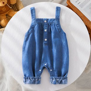 婴儿秋装牛仔背带裤3-6-9-12个月男宝护肚裤子女宝吊带裤按扣裆部
