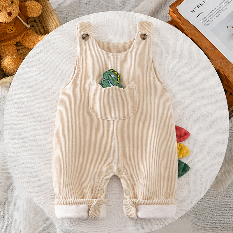 婴儿加绒背带裤秋冬儿童灯芯绒裤子冬季宝宝按扣裆部冬装棉裤衣服