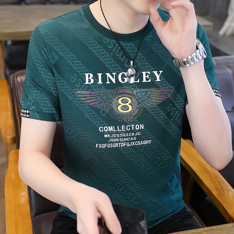 欧货冰丝速干短袖T恤男夏季潮牌墨绿色烫钻印花圆领夏天体恤上衣