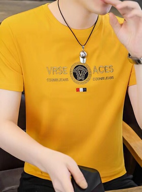 欧洲站丝光棉男短袖t恤2025夏季黄色圆领体恤成熟男人半袖上衣潮T