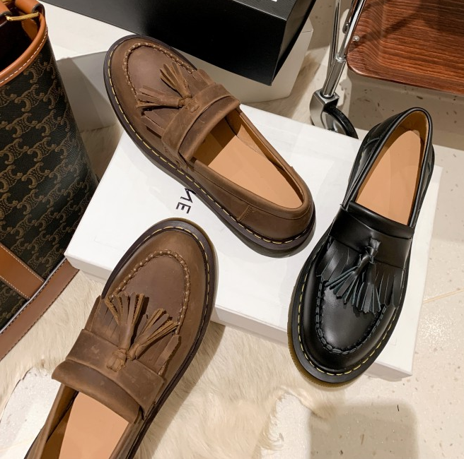 复古百搭女单鞋子豆豆平底跟真牛皮流苏棕色一脚蹬乐福懒人休闲潮