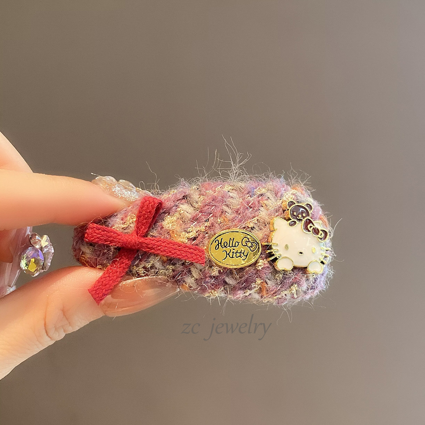 高级感紫色毛呢卡通猫呢蝴蝶结发夹女时尚甜美少女侧边碎发夹发卡