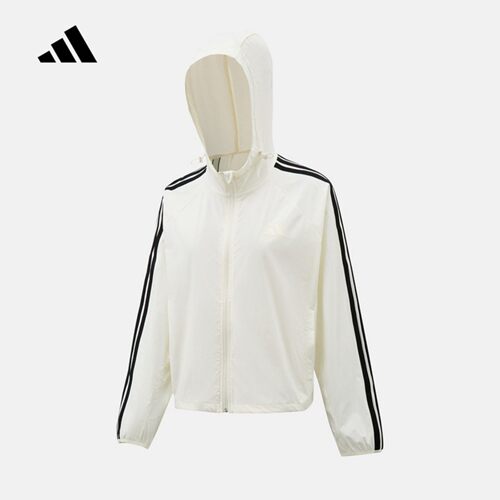 adidas阿迪达斯外套女新款夏季三条纹休闲梭织连帽防晒夹克KX2759