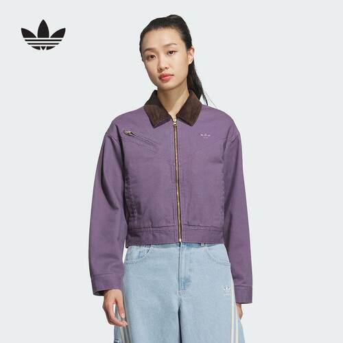 adidas阿迪达斯三叶草外套女2024冬季新款翻领保暖棉服夹克JW9577