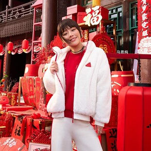 阿迪达斯外套女2025蛇年马思纯同款双面穿人造毛皮连帽夹克JM8834