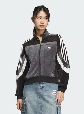 阿迪达斯三叶草外套女子2025春季蛇年新款复古丝绒立领夹克JL8442