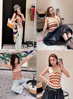 ooo.k / 元气少女日常风！26ss 红色波浪条纹针织无袖背心吊带 女