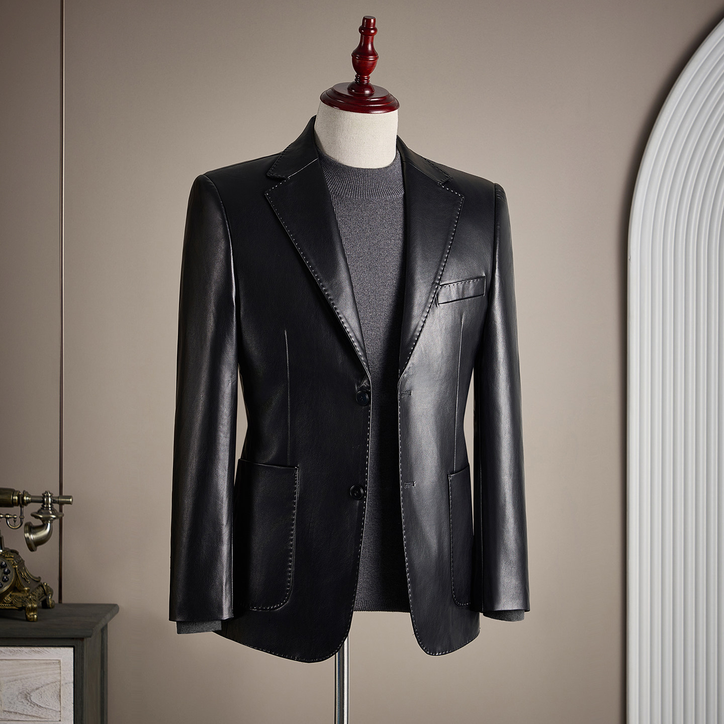 【TGH】轻奢高级感珠边皮西装外套男修身休闲商务西服上衣DX9908