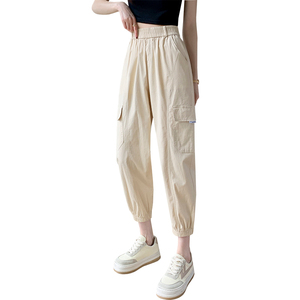 RM10373#夏季新款百搭显瘦高腰洗水棉韩版束脚九分休闲裤工装哈伦裤女