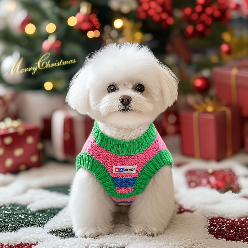 手工针织狗狗毛衣圣诞撞色彩虹宠物衣服秋冬保暖小型犬泰迪比熊