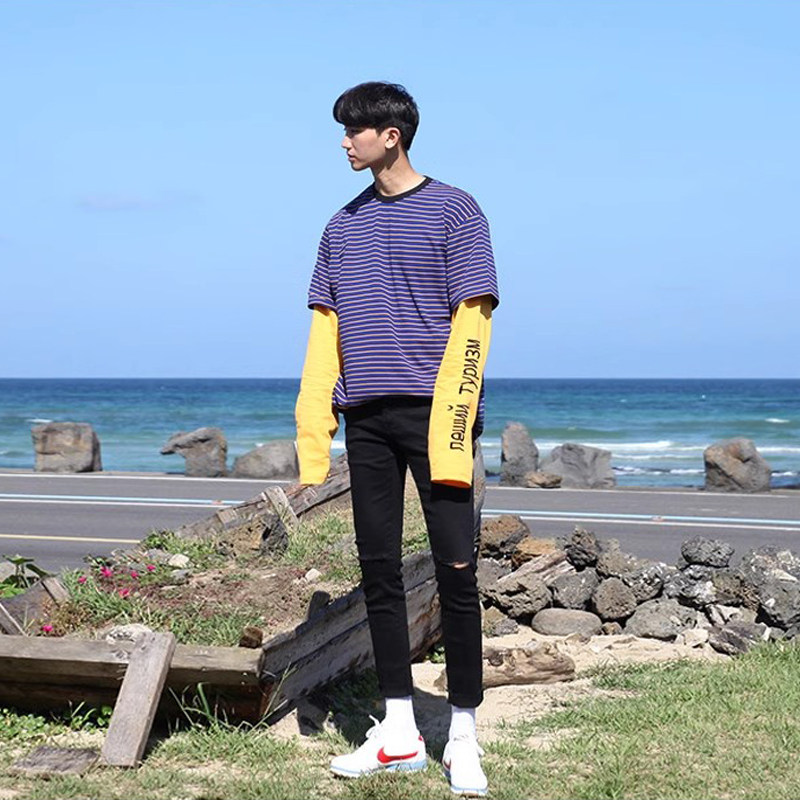 夏季黑色膝盖一字破洞牛仔裤男修身小脚韩版潮流百搭弹力九分裤子