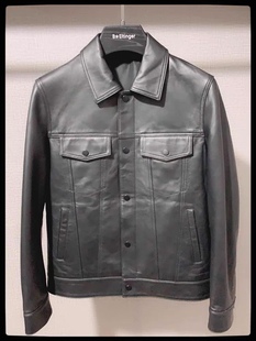 秋冬新款 翻领商务休闲外套 绵羊皮真皮皮衣男机车牛仔夹克修身 短款