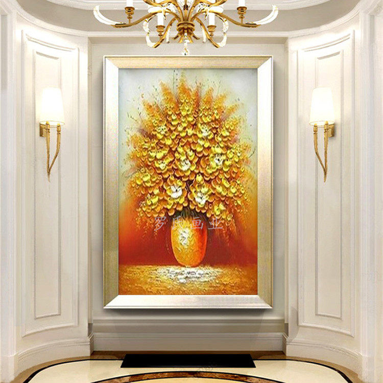 手绘玄关装饰画发财树立体油画餐厅壁画欧式客厅挂画背景墙画竖版