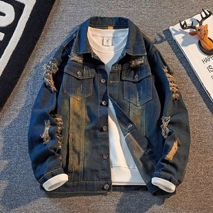 破洞牛仔外套男日系复古ins韩版学生修身衣服春秋季帅气工装夹克