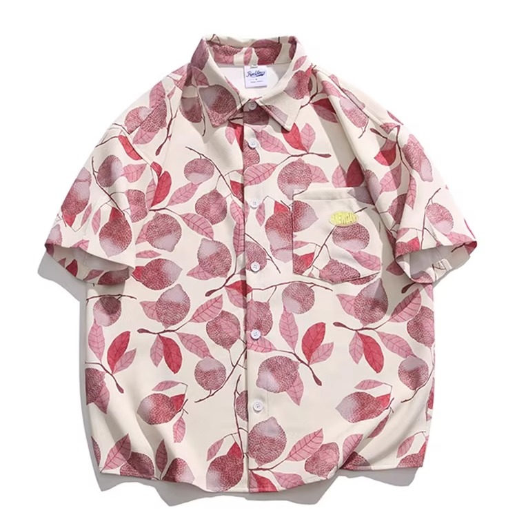 美式沙滩短袖衬衫男士夏季潮牌夏威夷冰丝花衬衣水果印花外搭上衣