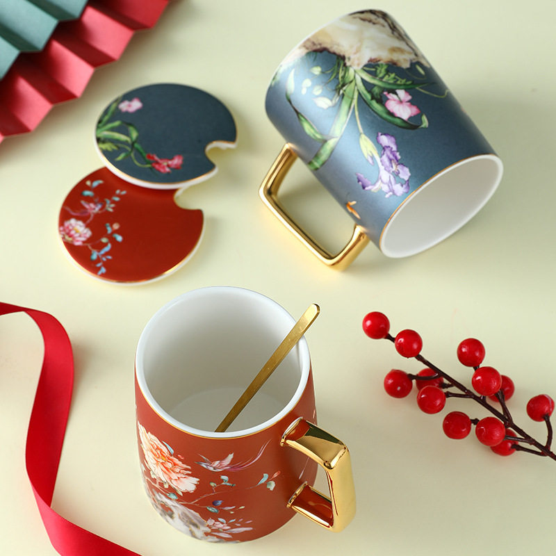 文化创意陶瓷马克杯带盖带勺大容量咖啡杯国潮风杯子水杯节日礼品