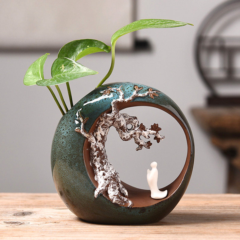 创意陶瓷小花瓶萝典绿古装竹水培花插餐桌书房文饰摆件