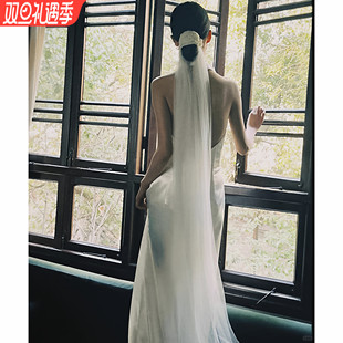 新娘头纱主婚纱长款 拖尾简约素纱高级感仙气风写真旅拍照造型头饰