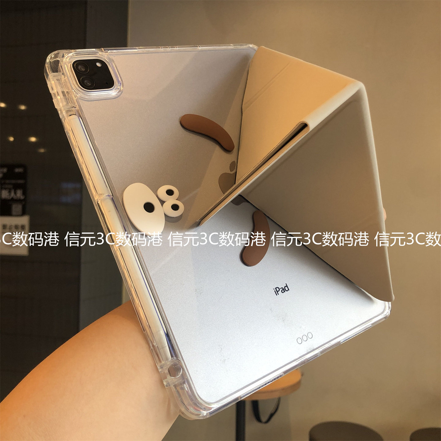 立体大脸狗3+Y型折叠横竖支架适用苹果iPad11保护套9第10代亚克力Air567吸屏10.2寸9.7笔槽Pro12.9透明壳13寸图片