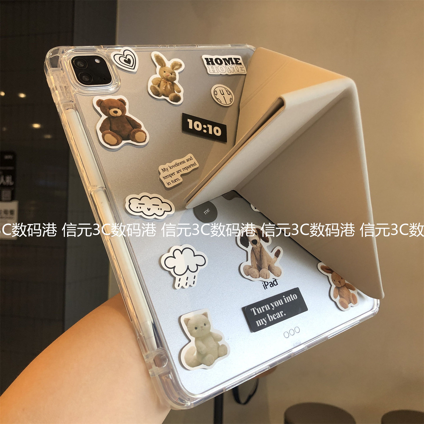 可爱熊兔3+Y型折叠横竖支架适用苹果iPadpro11保护套9第10代8亚克力Air567吸屏10.2寸9.7笔槽Pro12.9透明壳13图片