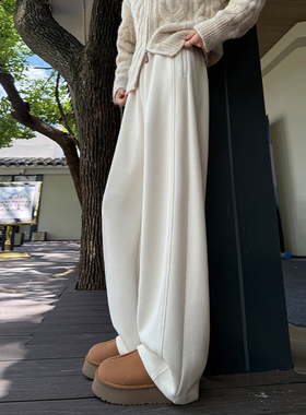 毛呢白色阔腿裤女2026新款秋冬季加厚运动裤子宽松休闲直筒糯米裤